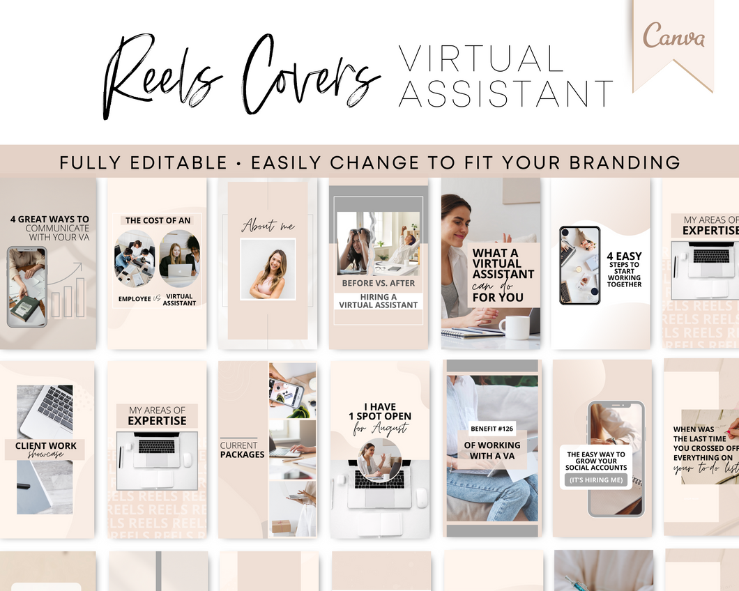 Virtual Assistant Reels Covers Templates | VA Instagram Reels Thumbnails Editable in Canva