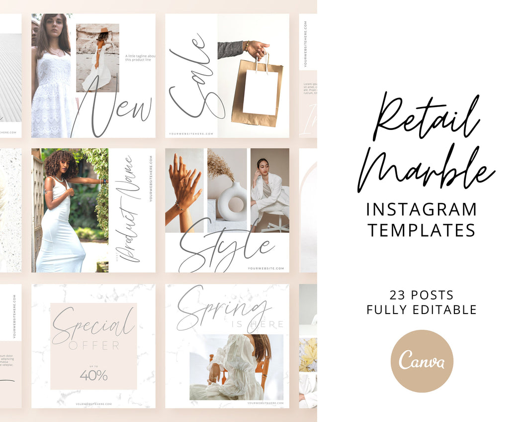 White Marble Retail Instagram Templates |Modern Retail Posts | Online Shopping Canva Templates