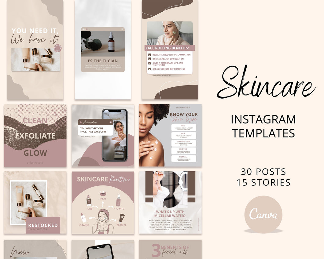 Skincare Instagram Templates | Skincare Posts | IG Esthetician Canva Templates